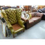 GREEN LEATHER WING BACK FIRESIDE EASY ARMCHAIR, ON SQUARE MOULDED LEGS (LACKS CUSHION) AND THREE