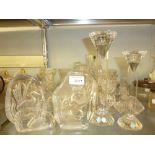 GRADUATED SET OF THREE STYLISH BOHEMIA GLASS CANDLESTICKS AND GLASS VASES, PAIR OF 'RICHARDSON'