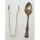 EDWARDIAN SILVER SUGAR TONGS, with reeded borders, Birmingham 1908 and a KINGS PATTERN TEASPOON,