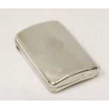 SILVER COLOURED METAL CURVED OBLONG POCKET CIGARETTE CASE, with sprung hinged lid, engraved with