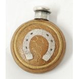 VICTORIAN POTTERY PERFUME MOONFLASK with embossed horseshoe motif, silver screw off top, 2 1/4"