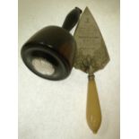 A VICTORIAN SILVER IVORY HANDLED CEREMONIAL TROWEL, inscribed 'Presented by the Trustees of the