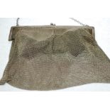 SILVER MESH EVENING BAG, the angular frame Greek Key engraved, chain handle, blue silk interior,