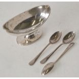 SILVER OPEN SALT, oval form on pedestal base, Chester 1919, AND THREE SILVER COFFEE SPOONS,