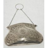 SILVER EVENING PURSE, bag shaped and foliate scroll engraved with brown leather fitted interior,