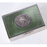 AUSTRIAN 800 STANDARD SILVER AND GREEN GUILLOCHE ENAMEL RECTANGULAR BOX, engine turned body with