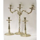 BRIGHT METAL THREE LIGHT CANDELABRUM with two screw-on rococo 'S' scroll branches and cast leaf