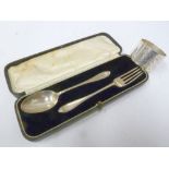 CASED CHILD'S SILVER FORK AND SPOON SET, MAKERS JOSAIH WILLIAMS & CO, London 1931 AND A BRIGHT CUT