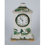 MASON'S GREEN CHARTREUSE POTTERY QUARTZ MANTEL CLOCK, of Georgian caddy top form with handle, 9 1/2"