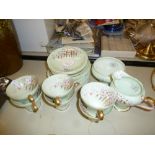 AYNSLEY CHINA TEA SERVICE FOR SIX PERSONS, 20 PIECES, PALE GREEN WITH FLORAL TRELLIS PATTERN