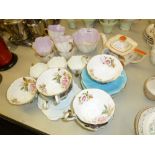 A SET OF SIX SHELLEY CHINA TEA CUPS AND MATCHING SUGAR BOWL, WITH PINK INTERIORS, 3 FOLEY CHINA EA