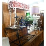 A COLLECTION OF DECORATIVE SCROLL METAL FRAME FURNITURE COMPRISING; COFFEE TABLE WITH TILE TOP