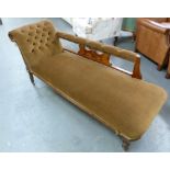 VICTORIAN CARVED MAHOGANY CHAISE LONGUE WITH SINGLE SCROLL END, BUTTON UPHOLSTERED IN BROWN