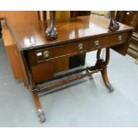 REGENCY STYLE MAHOGANY SOFA TABLE WITH OVAL MARQUETRY INLAY TO THE TOP, TWO DRAWERS, ON LYRE