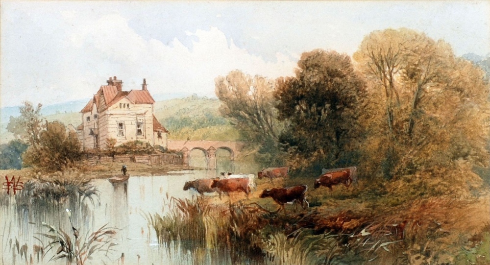 SOPHIE S. WARREN (fl.1860) WATERCOLOUR DRAWING 'Caversham Mill, Thames Valley River landscape with