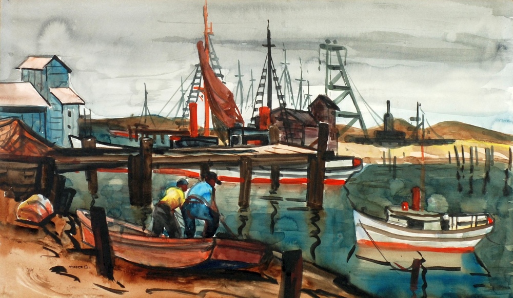 MAGGI (Twentieth Century) WATERCOLOUR DRAWING Harbour scene, possibly central or South America 12" x
