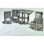 NORMAN McDONALD (20th CENTURY) CHARCOAL, CHALK AND OIL ON CANVAS 'Table and chairs in Gwydyr Hotel