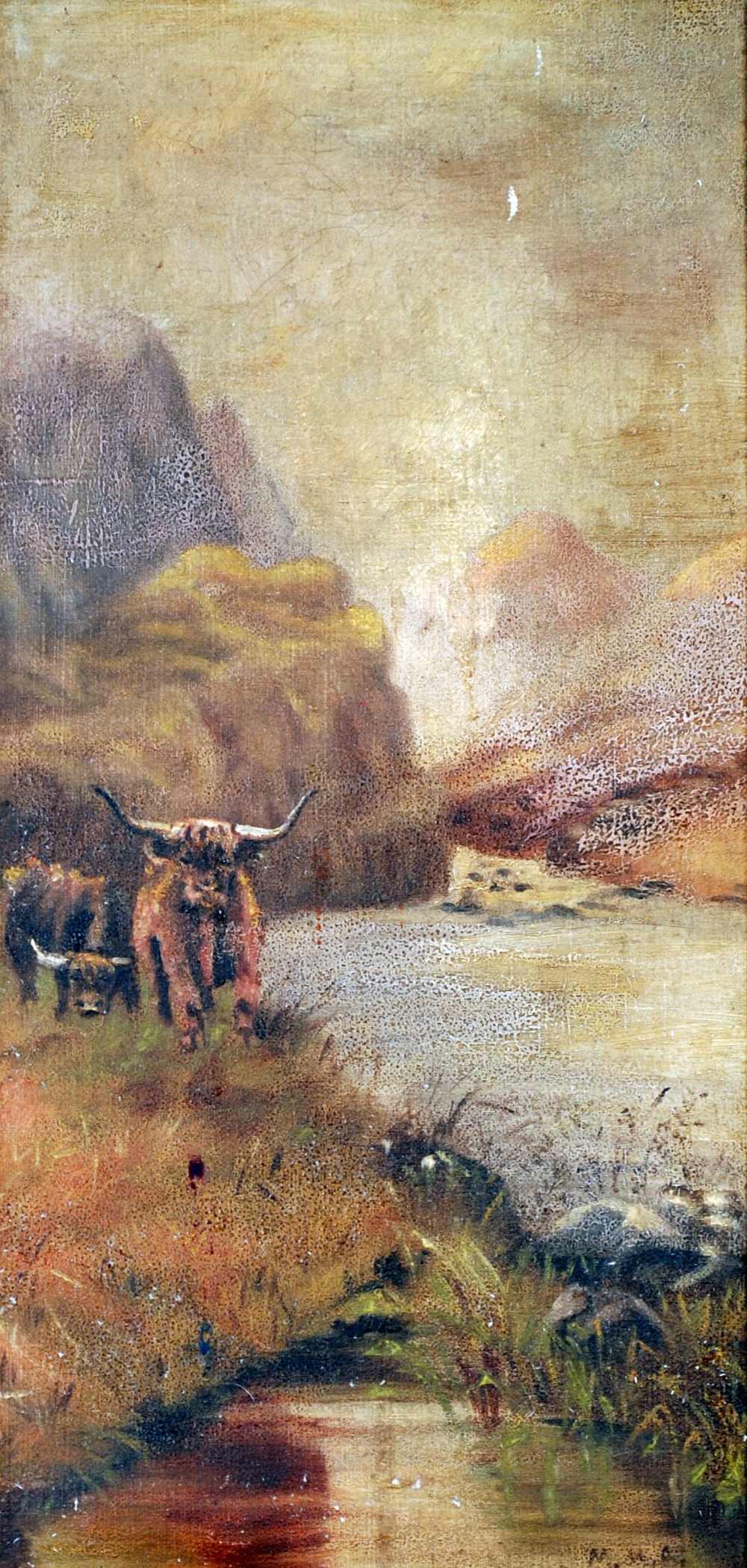 M.M.A. PAIR OF OIL PAINTINGS ON CANVAS Long horn cattle and stags at water in highland river