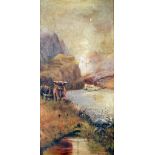 M.M.A. PAIR OF OIL PAINTINGS ON CANVAS Long horn cattle and stags at water in highland river