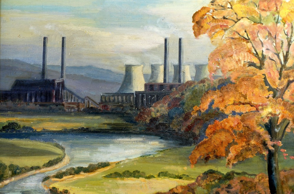 UNATTRIBUTED OIL PAINTING ON CANVAS Industrial landscape 'Coal Fired Power Station' 15 1/4" x 23" (