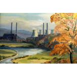 UNATTRIBUTED OIL PAINTING ON CANVAS Industrial landscape 'Coal Fired Power Station' 15 1/4" x 23" (