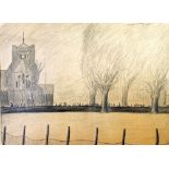 NORMAN McDONALD (20th CENTURY) PENCIL DRAWING Church with a long line of congregation in a landscape