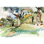 ATTRIBUTED TO HAL YATES (1907-1979) WATERCOLOUR DRAWING 'Olive Gathering' unsigned, titled to