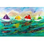 JOHN BOOTH (b.1943) MIXED MEDIA ON CANVAS Sailing Boats 50 1/2" x 30" (128.3cm x 76.2cm)