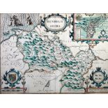 JOHN SPEEDE SEVENTEENTH CENTURY HAND PAINTED COUNTY MAP 'Denbighshire' with plan of the town of