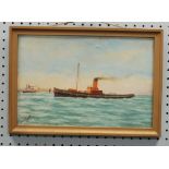 JOSEPH FEARNETT OIL PAINTING ON BOARD Steam tug on the Mersey Signed and dated 1922 10 1/2" x 15 1/