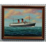 J. CROMBY OIL PAINTING ON ARTIST BOARD 'Cunard Liner 'Mauretainia' built in 1939' Signed 16" x