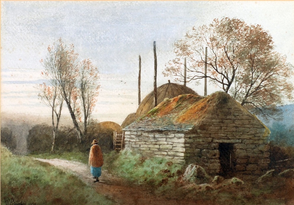 D.W. BARKER WATERCOLOUR DRAWING Figure on a track by a stone farm building and hayricks Signed lower