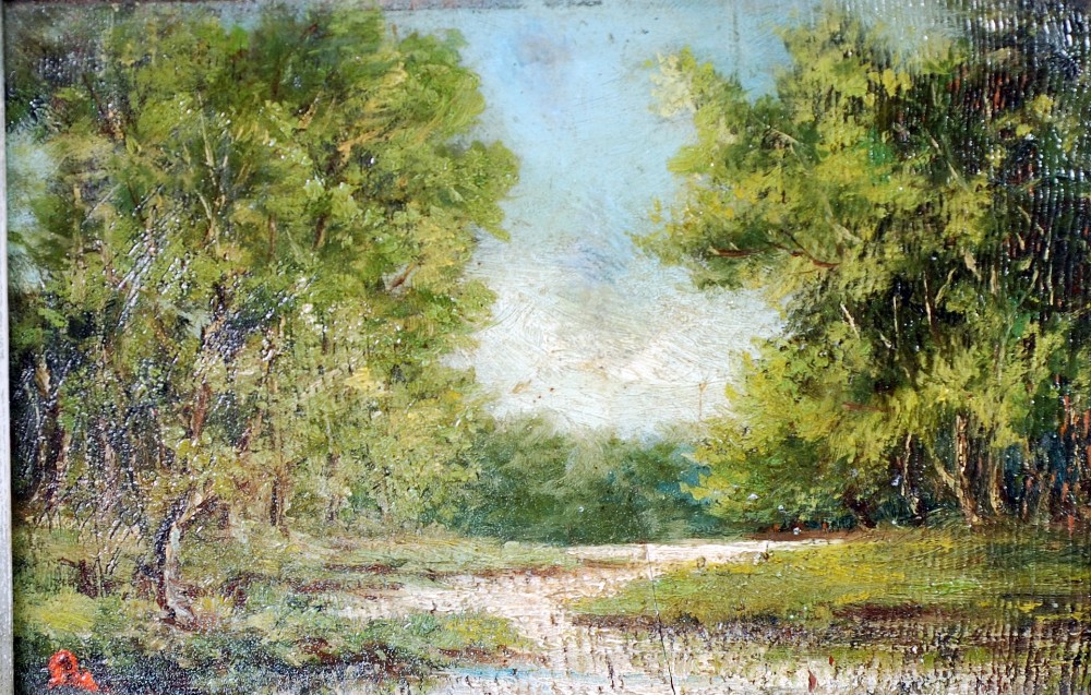 UNATTRIBUTED (Probably Nineteenth Century) OIL PAINTING ON PINE PANEL Wooded landscape 5 1/2" x 8