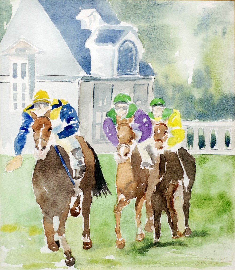 D. HAMILTON (?) (Twentieth Century) WATERCOLOUR DRAWING Horse racing scene with three riders - Image 4 of 4