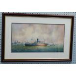 BRIAN ENTWISTLE COLOUR PRINT REPRODUCTION OF A WATERCOLOUR DRAWING 'Mersey 1953' shipping off