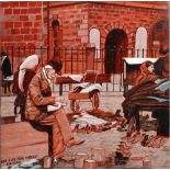 UNATTRIBUTED OIL PAINTING ON BOARD 'Old Flat Iron Market, Salford' Indistinctly signed 12" x 12" (