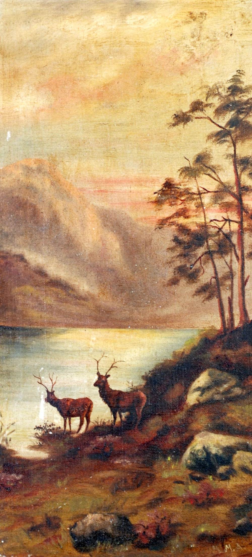 M.M.A. PAIR OF OIL PAINTINGS ON CANVAS Long horn cattle and stags at water in highland river - Image 2 of 2