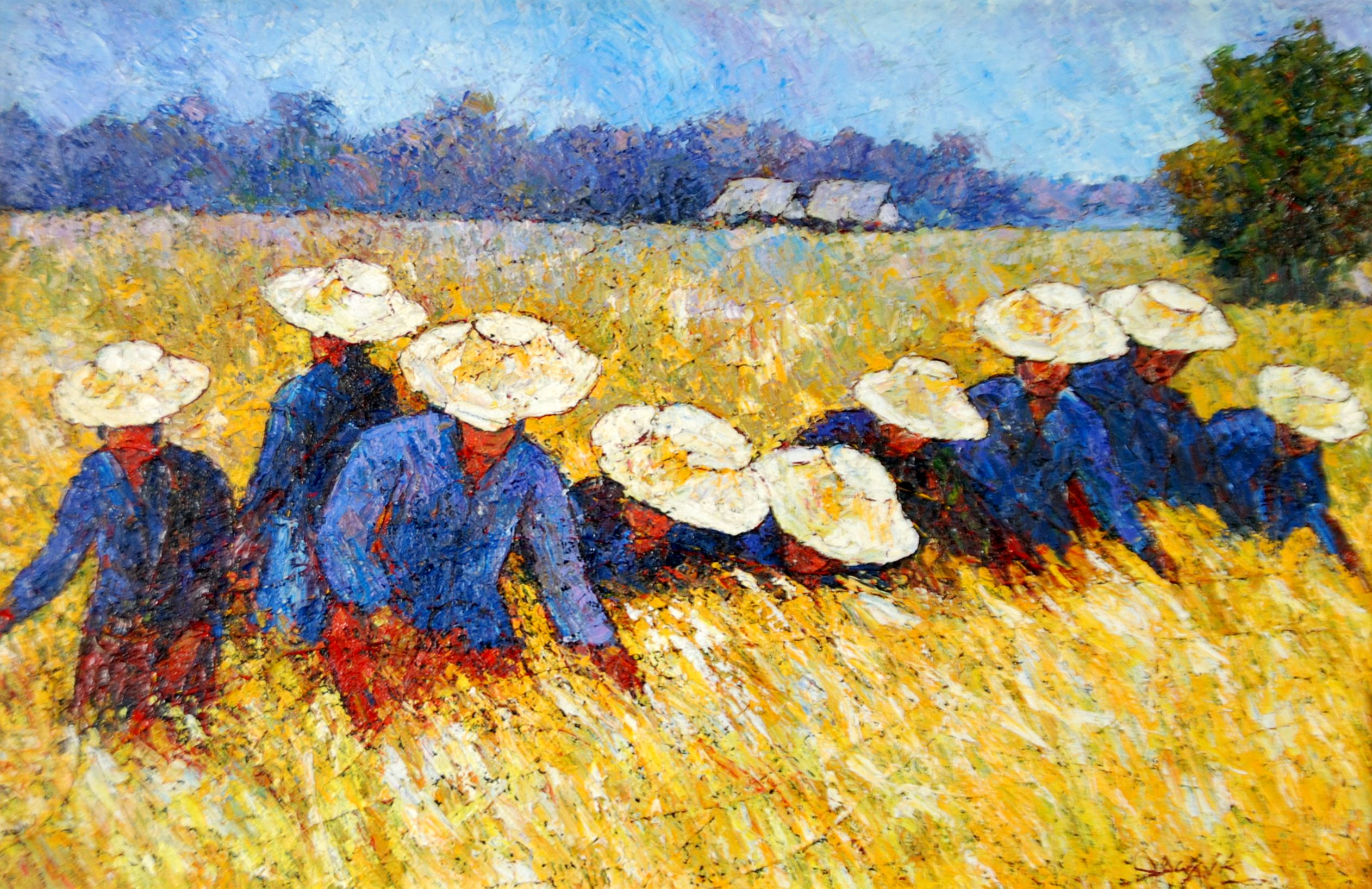 LAGANA ? (Twentieth Century) IMPASTO OIL PAINTING ON CANVAS A row of field workers in wide brimmed