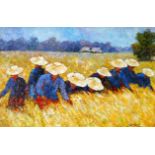 LAGANA ? (Twentieth Century) IMPASTO OIL PAINTING ON CANVAS A row of field workers in wide brimmed