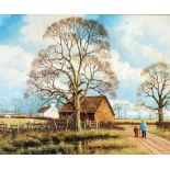 PATRICK BURKE (modern) OIL PAINTING ON CANVAS-BOARD Rural landscape with a man and boy Signed and