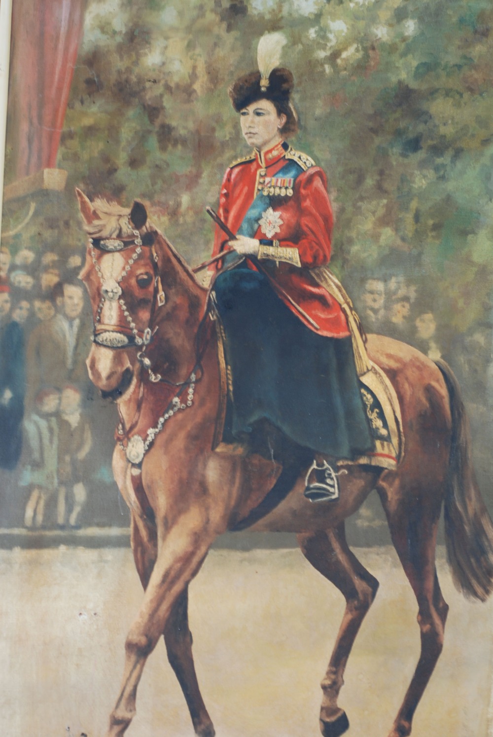 J. TOMLIN (Twentieth Century) OIL ON BOARD Queen Elizabeth II on horseback Signed and dated 1968