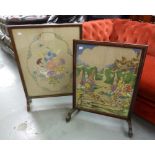 TWO MAHOGANY CHEVAL GRATE SCREENS WITH GLAZED AND PICTORIAL NEEDLEWORK TAPESTRY PANELS