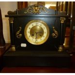 VICTORIAN BLACK SLATE MANTEL CLOCK OF ARCHITECTURAL STYLE WITH GILT BRASS MOUNTS, 13" WIDE