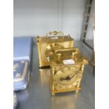 LONDON CLOCK CO. SATIN BRASS MANTEL CLOCK WITH QUARTZ MOVEMENT AND A SMITH BRASS CARRIAGE TYPE CLOCK