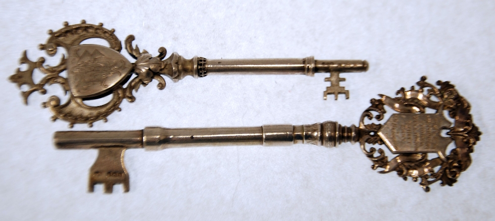 TWO SILVER PRESENTATION LARGE KEYS RELATING TO THE SALEM METHODIST CHURCH, Higher Broughton, one