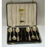 CASED SET OF SIX SILVER TEASPOONS AND MATCHING PAIR OF SUGAR TONGS, by Edward Viner, with pointy