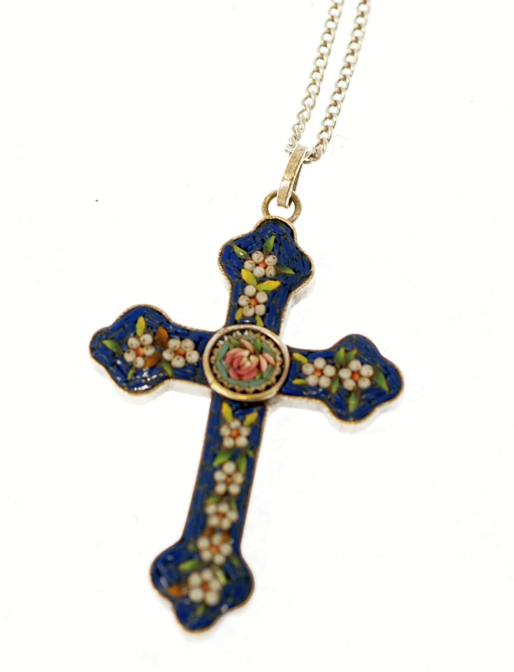 WHITE METAL AND MICRO-MOSAIC CRUCIFIX on a 'Sterling' silver chain