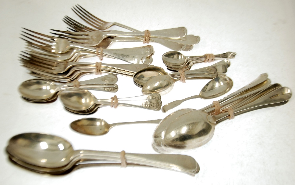 COMPOSITE GEORGE III AND LATER 54 PIECE SERVICE OF OLD ENGLISH PATTERN TABLE SILVER comprising