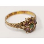 VICTORIAN 15ct GOLD CLUSTER RING, set with centre peridot, surround of six amethyst and seed pearls,