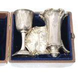 VICTORIAN CASED THREE PIECE BRIGHT CUT SILVER TRAVELLING COMMUNION SET, the wine jug with screw